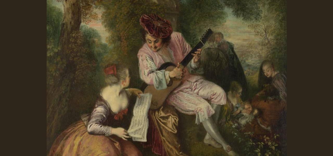 early music-era boroque picture of a man playing an instrument while a women sits nearby holding a book of music outside in a wooded area