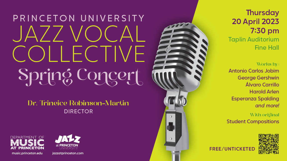 poster split into two sections with a large silver microphone dividing the two. One side has a dark purple background with text that reads Jazz Vocal Collective. The other side has a lime green background. Read the description for more details.