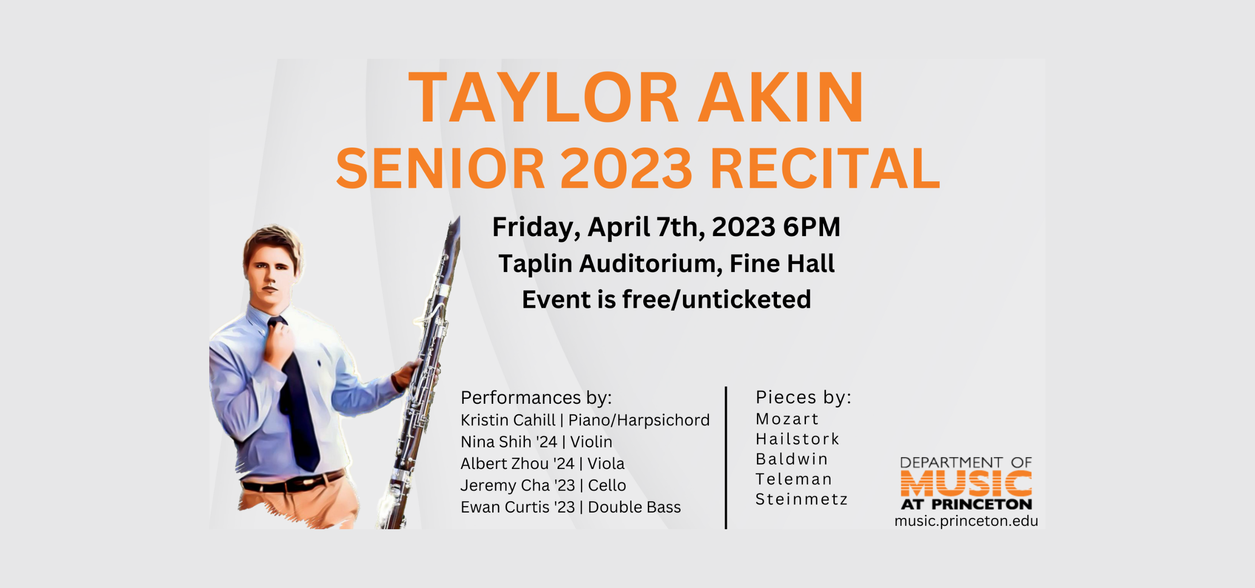 poster with gray patterned background with cartoon/avatar image of Taylor with text that reads "Taylor Akin Senior 2023 Recital." Read the description for more information.