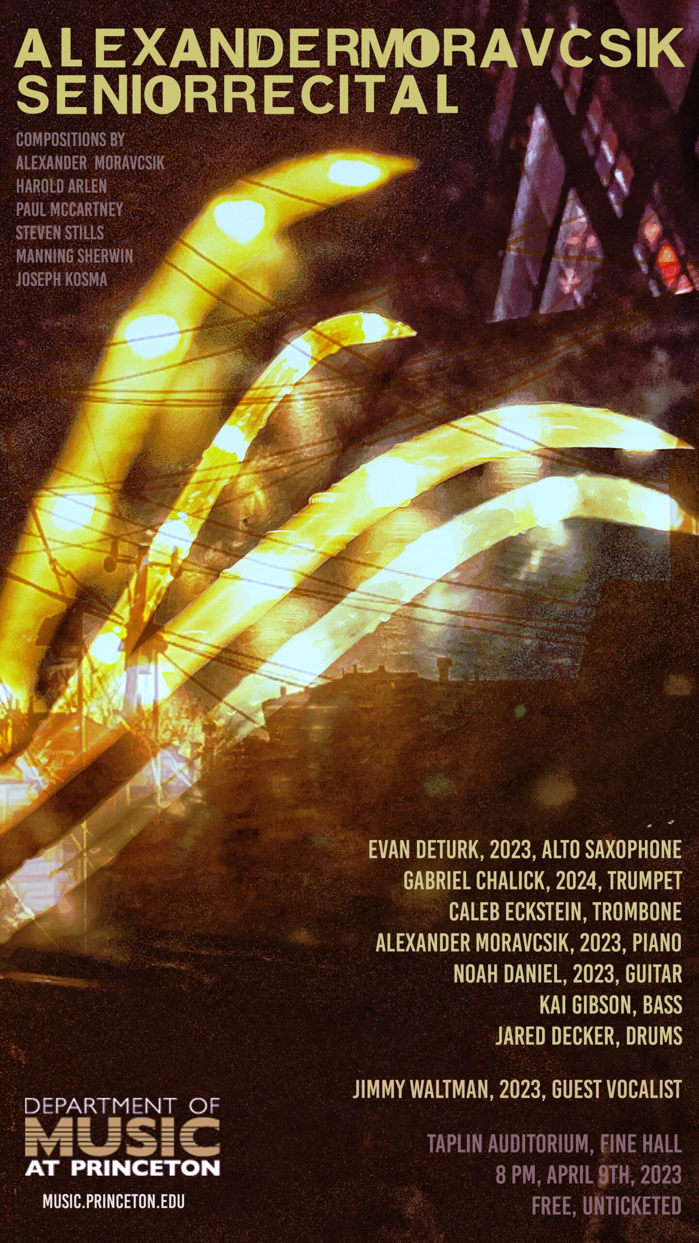 poster for Alexander Moravcsik Senior Recital, with a darkened burgundy background and glowing lights