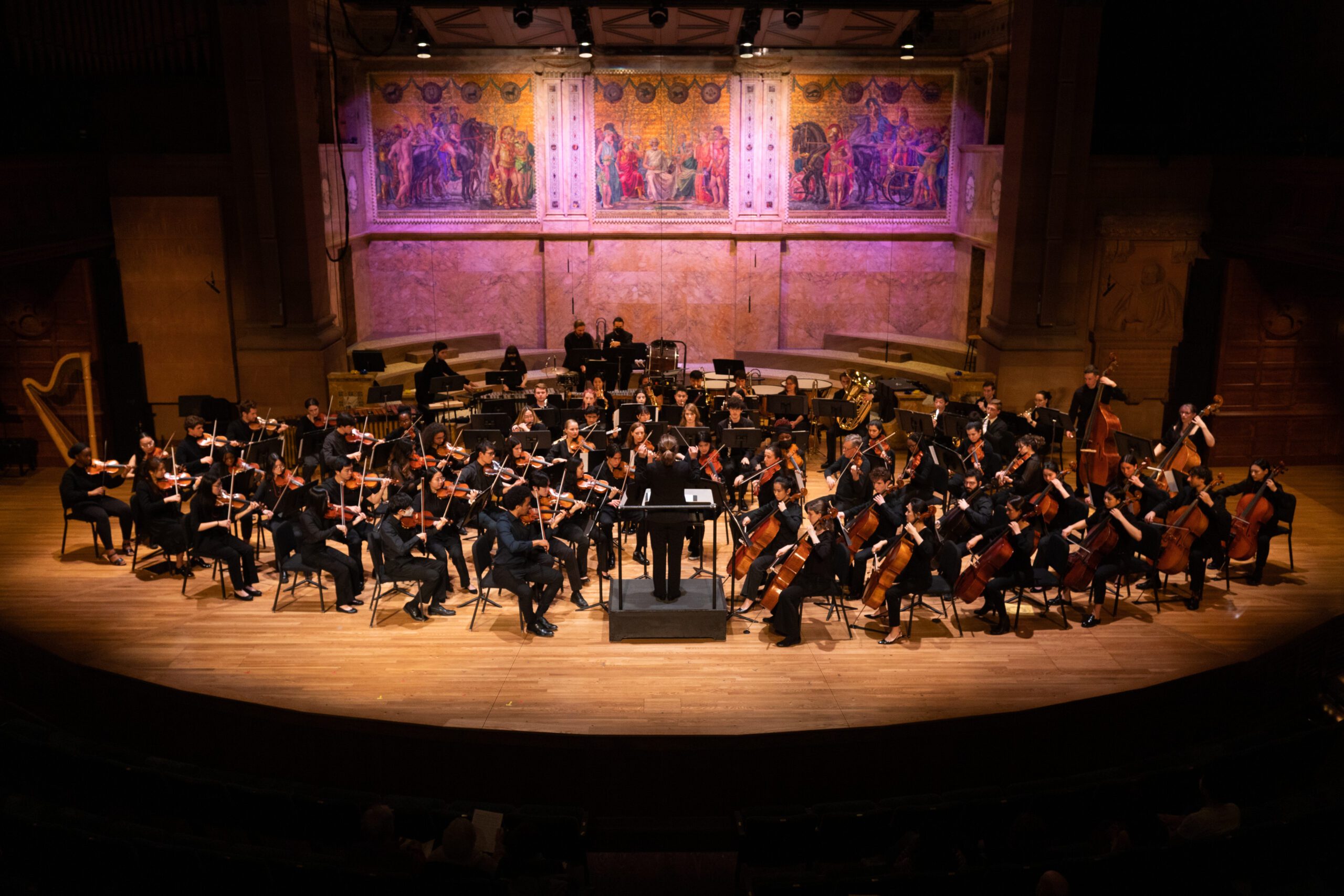 Many Sinfonia ensemble performers seated on a large stage, with their instruments