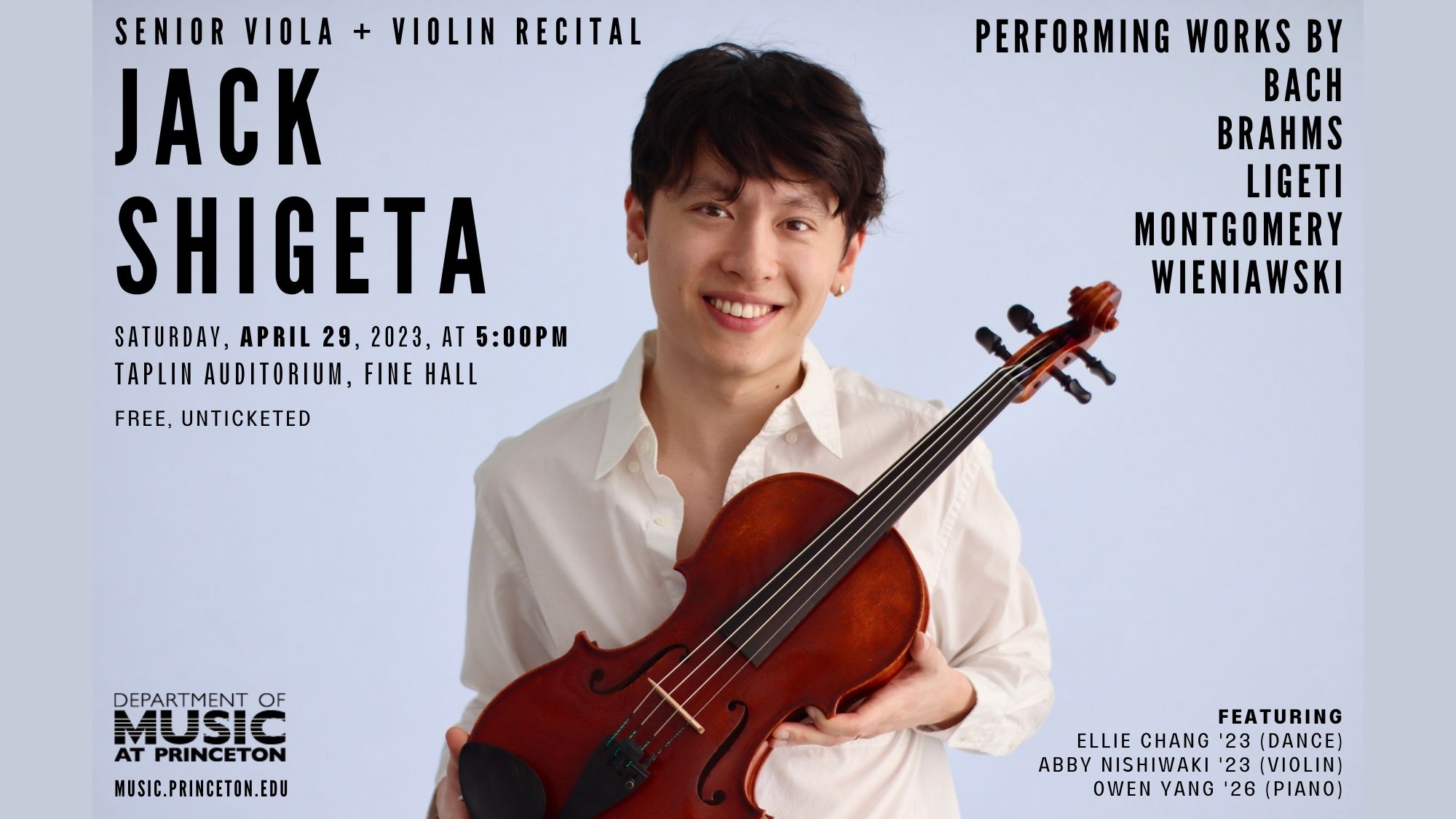 poster of Jack Shigeta holding a viola instrument, with a light blue background. With text that reads Jack Shigeta Senior Recital