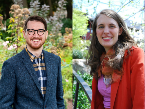 side by side headshots of Christopher Parton and Hannah McLaughlin, both smiling outdoors