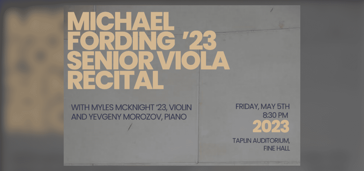 poster for Michael Fording's senior recital, with large yellow text against a gray tiled wall.