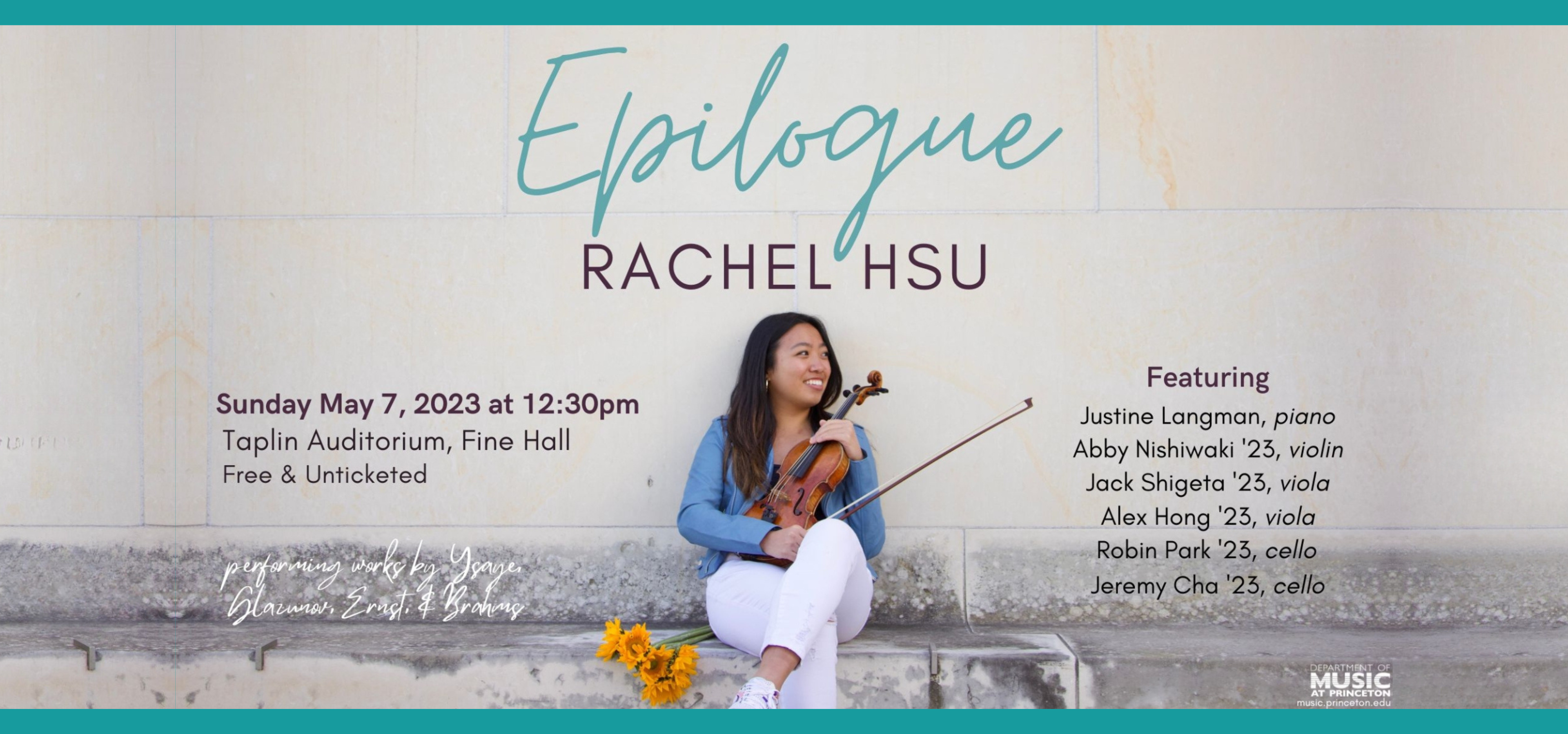 poster for Rachel Hsu's senior recital, with an image of Rachel sitting against a gray tiled wall, holding her violin.