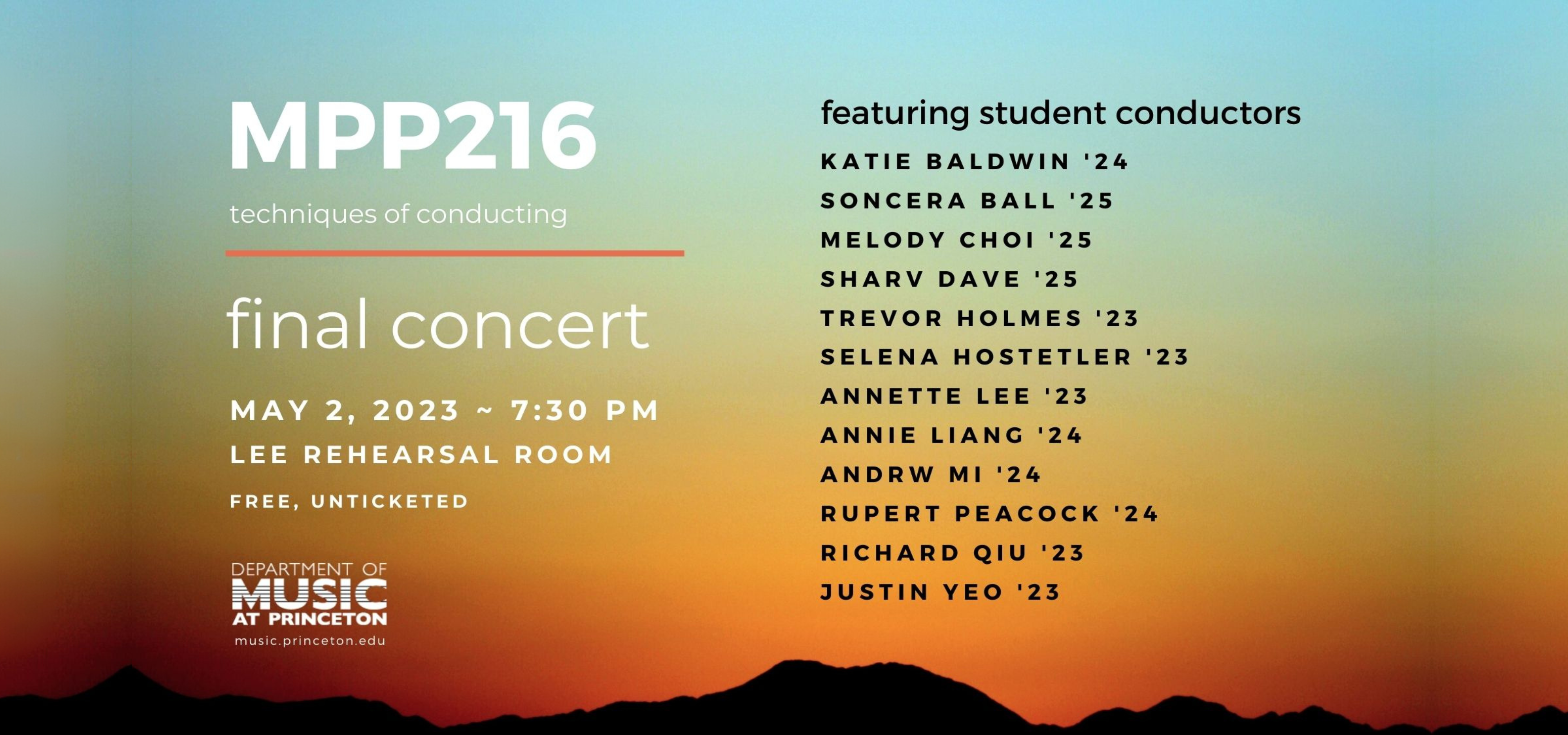 poster for MPP 216 final course recital with a backround photo of a orange and red sunset over the mountains.