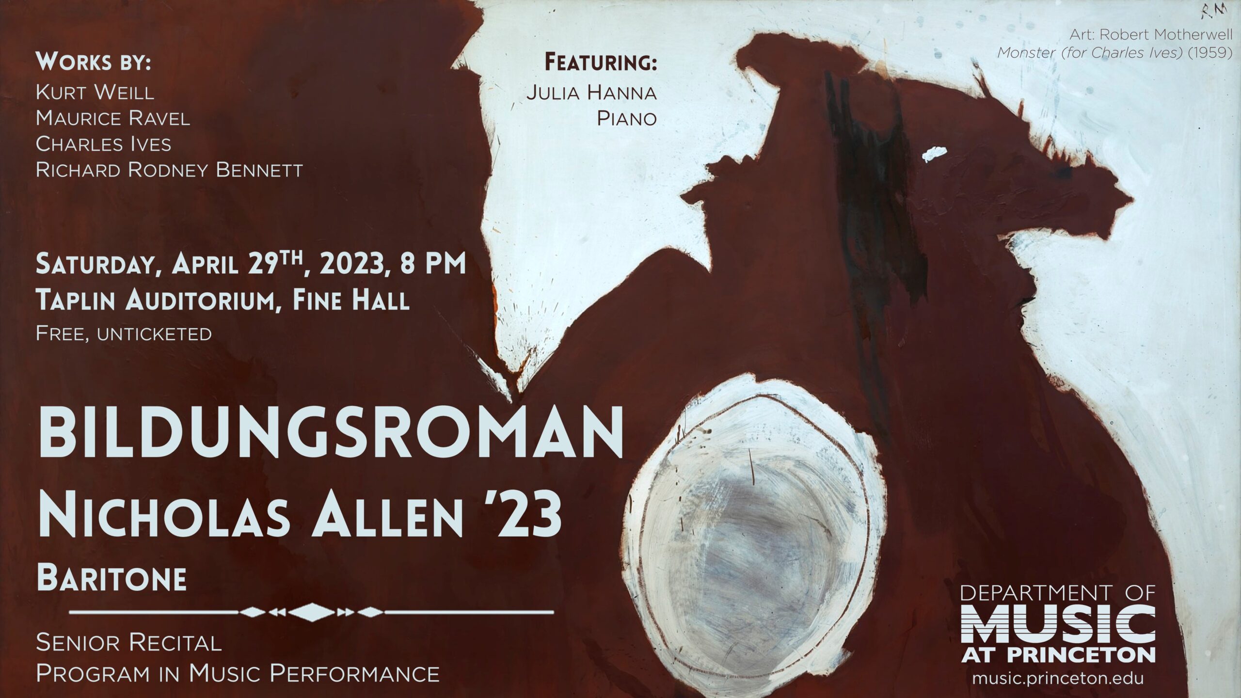 poster with abstract arts in deep brown and pale blue in the background, with text that reads Nicholas Allen, Baritone, Senior Recital
