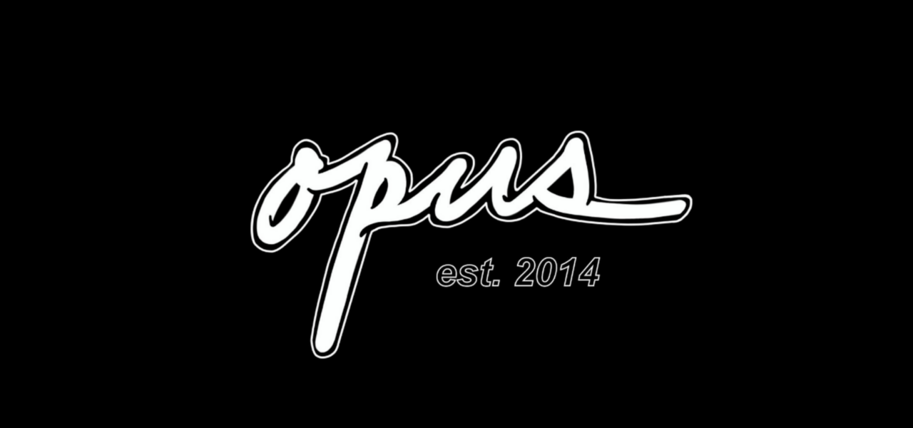 black graphic with white logo lettering that reads "Opus"