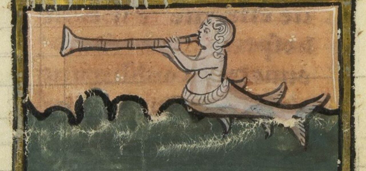 A medieval drawing of a mythological creature playing an instrument