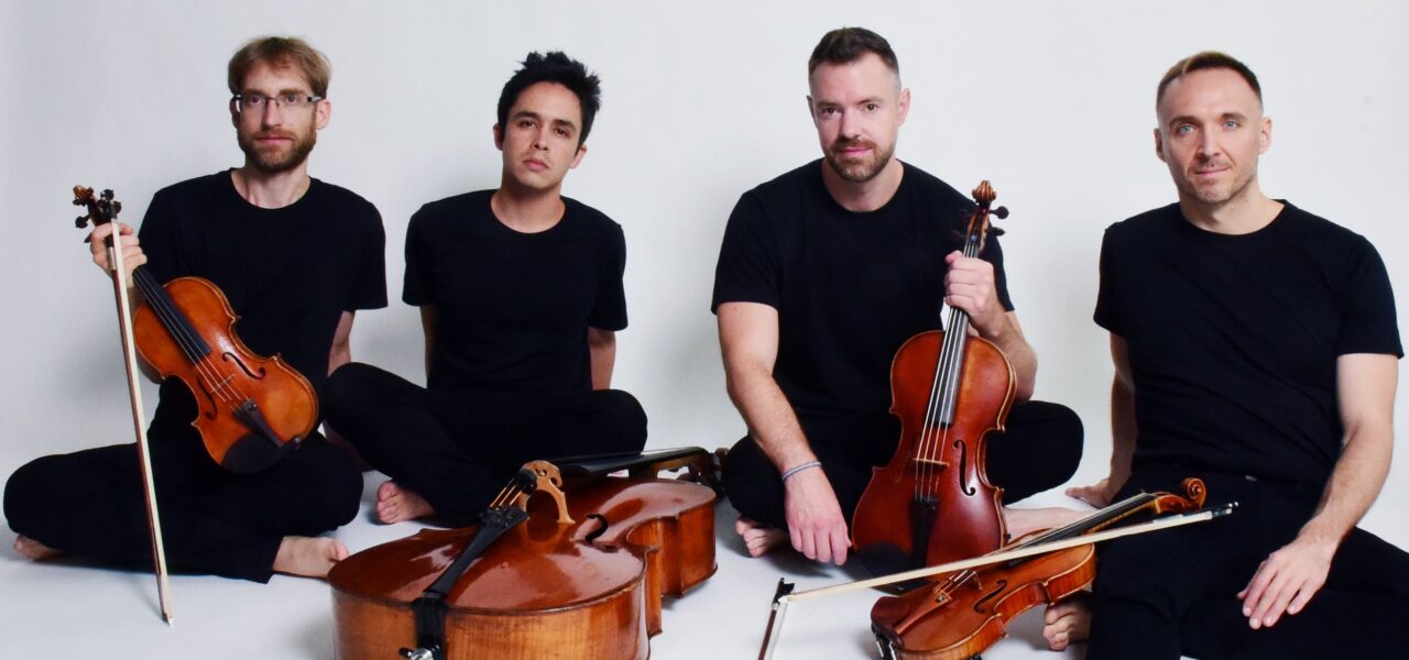 A group of string musicians sitting down near a white background