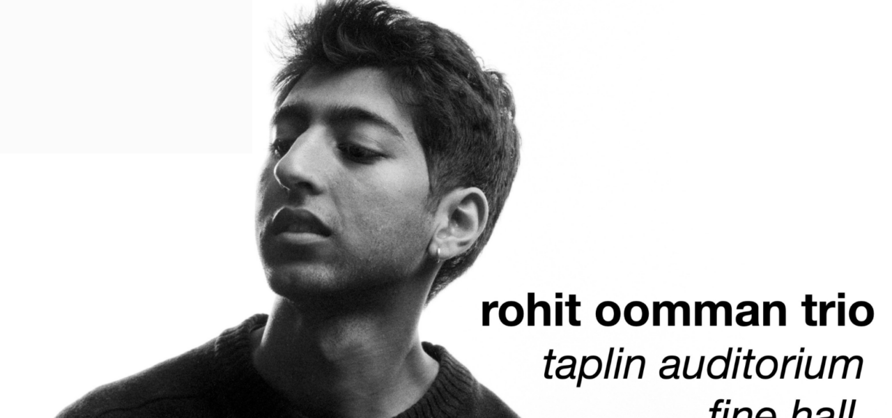 black and white poster with rohit oomman's photo on the left and black text on the right: "rohit oomman trio"
